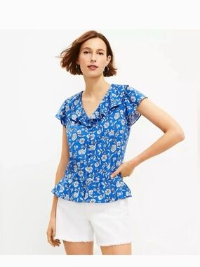 Loft Blue White Floral Ruffle Peplum Blouse Short Sleeve Size Medium